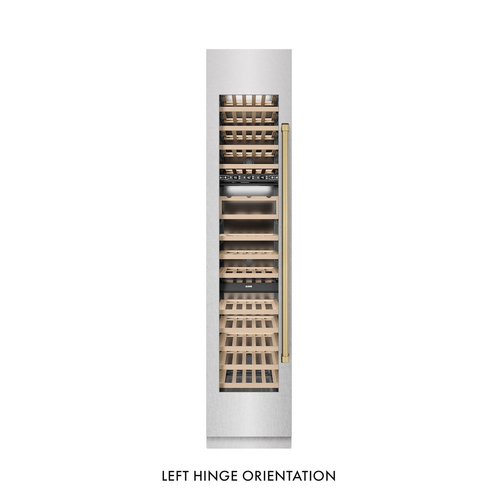 ZLINE Autograph Edition 18-inch wine cooler in satin stainless steel with graphite gray interior and champagne bronze accents RCWVLZ-SN-18-CB