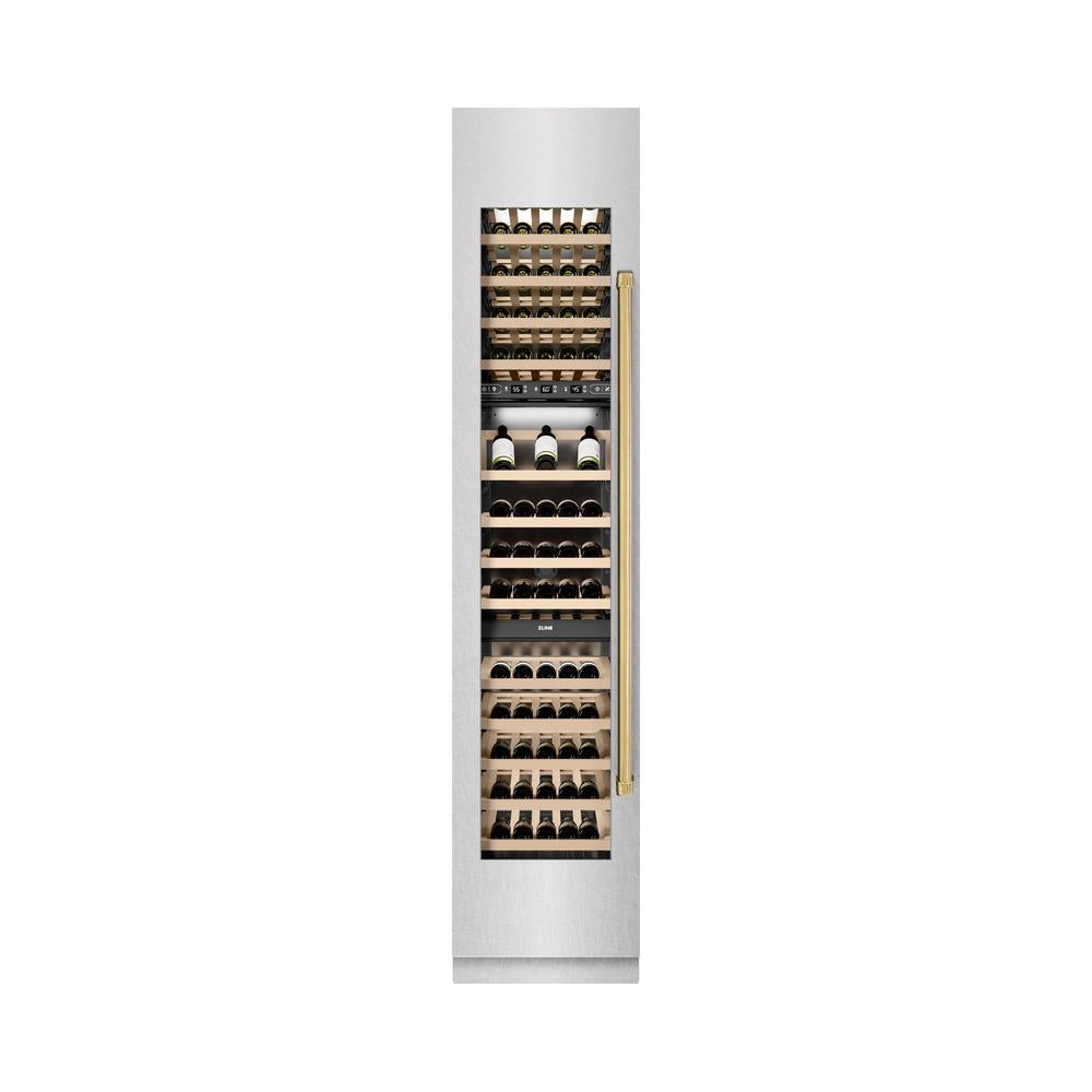 ZLINE Autograph Edition 18-inch wine cooler in satin stainless steel with graphite gray interior and polished gold accents RCWVLZ-SN-18-G, front view