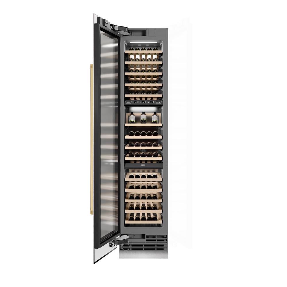 ZLINE Autograph Edition 18-inch wine cooler in satin stainless steel with graphite gray interior and polished gold accents RCWVLZ-SN-18-G, front view
