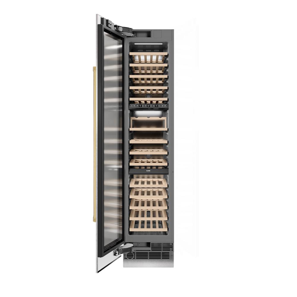 ZLINE Autograph Edition 18-inch wine cooler in satin stainless steel with graphite gray interior and polished gold accents RCWVLZ-SN-18-G, front view