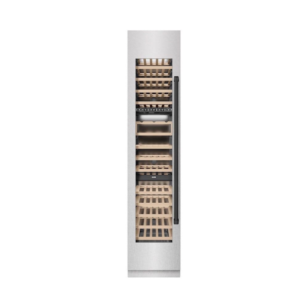 ZLINE Autograph Edition 18-inch wine cooler in satin stainless steel with graphite gray interior and matte black accents RCWVLZ-SN-18-MB, front view