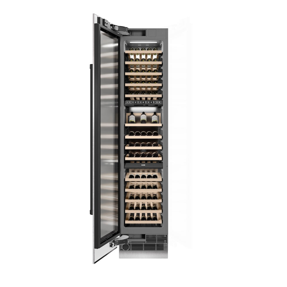 ZLINE Autograph Edition 18-inch wine cooler in satin stainless steel with graphite gray interior and matte black accents RCWVLZ-SN-18-MB, front view
