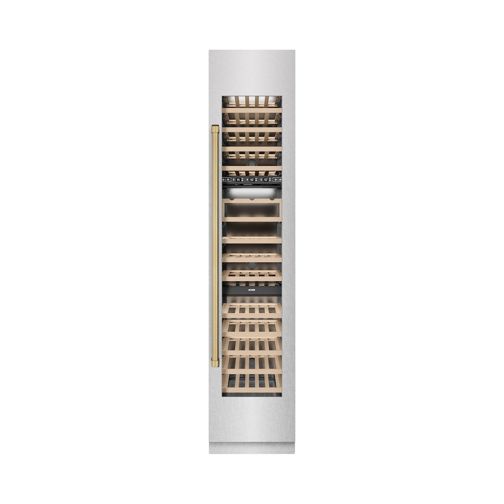 ZLINE Autograph Edition 18-inch wine cooler in satin stainless steel with graphite gray interior and champagne bronze accents RCWVRZ-SN-18-CB, front view