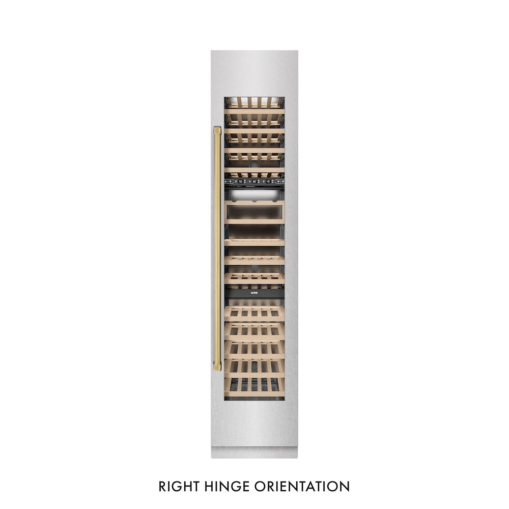 ZLINE Autograph Edition 18-inch wine cooler in satin stainless steel with graphite gray interior and polished gold accents RCWVRZ-SN-18-G