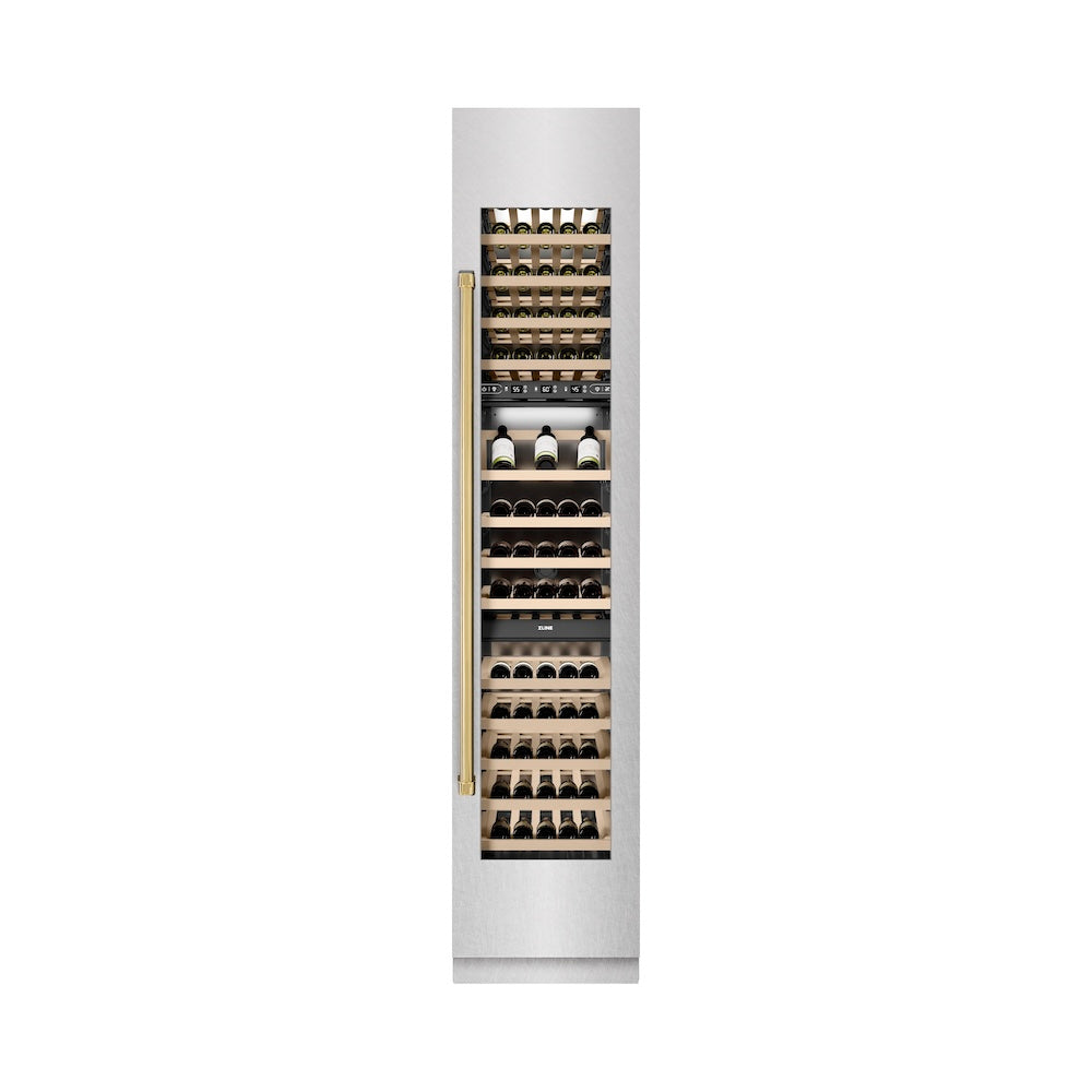 ZLINE Autograph Edition 18-inch wine cooler in satin stainless steel with graphite gray interior and polished gold accents RCWVRZ-SN-18-G, front view