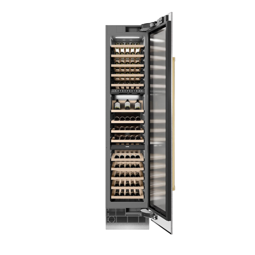 ZLINE Autograph Edition 18-inch wine cooler in satin stainless steel with graphite gray interior and polished gold accents RCWVRZ-SN-18-G, front view