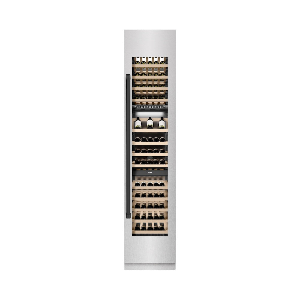 ZLINE Autograph Edition 18-inch wine cooler in satin stainless steel with graphite gray interior and matte black accents RCWVRZ-SN-18-MB, front view