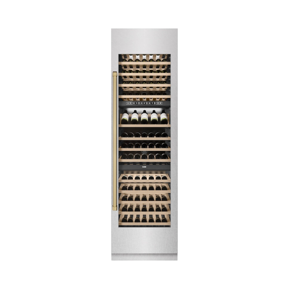 ZLINE Autograph Edition 24-inch wine cooler in satin stainless steel with graphite gray interior and champagne bronze accents RCWVZ-SN-24-CB, front view