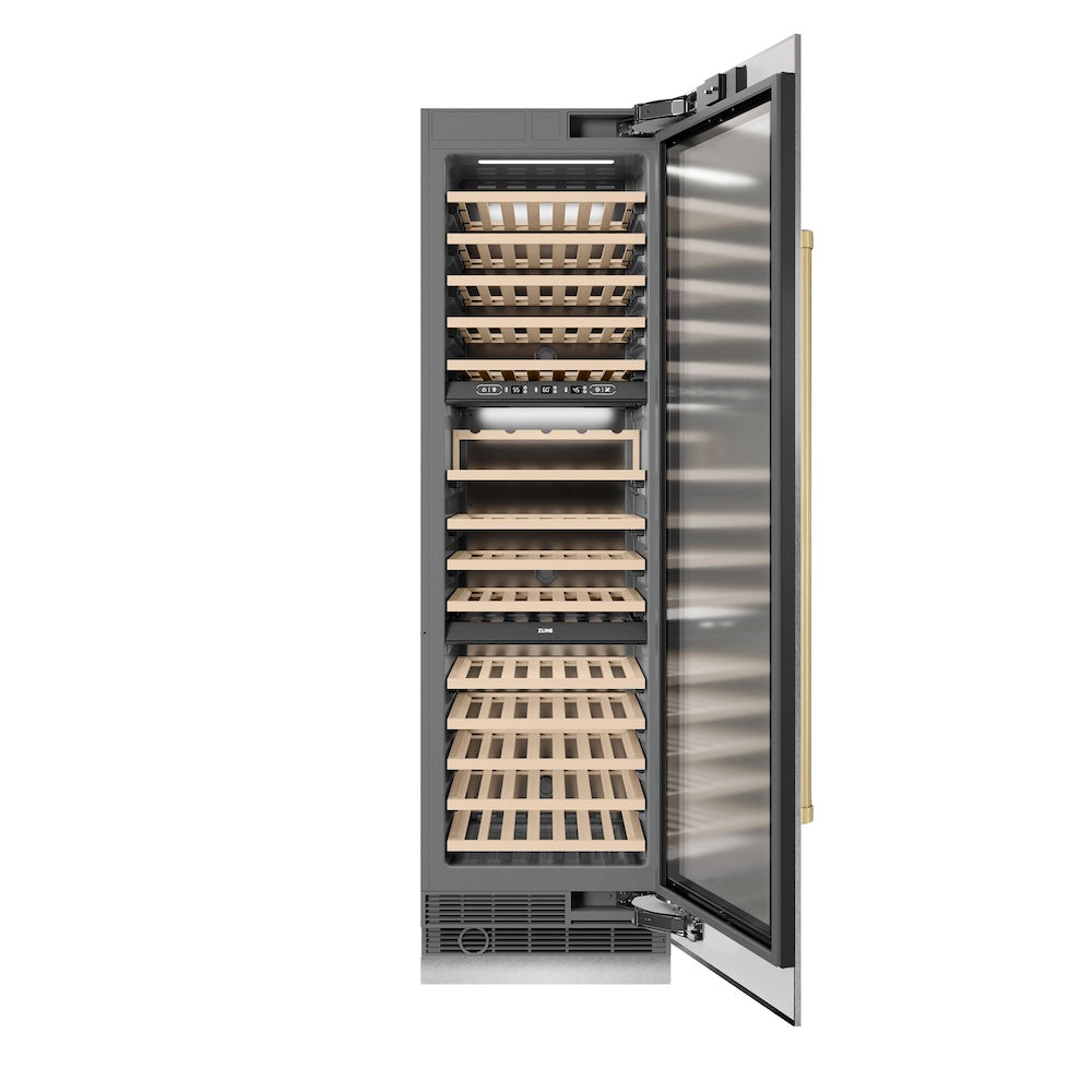 ZLINE Autograph Edition 24-inch wine cooler in satin stainless steel with graphite gray interior and champagne bronze accents RCWVZ-SN-24-CB, front view