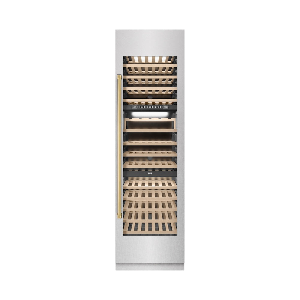 ZLINE Autograph Edition 24-inch wine cooler in satin stainless steel with graphite gray interior and polished gold accents RCWVZ-SN-24-G
