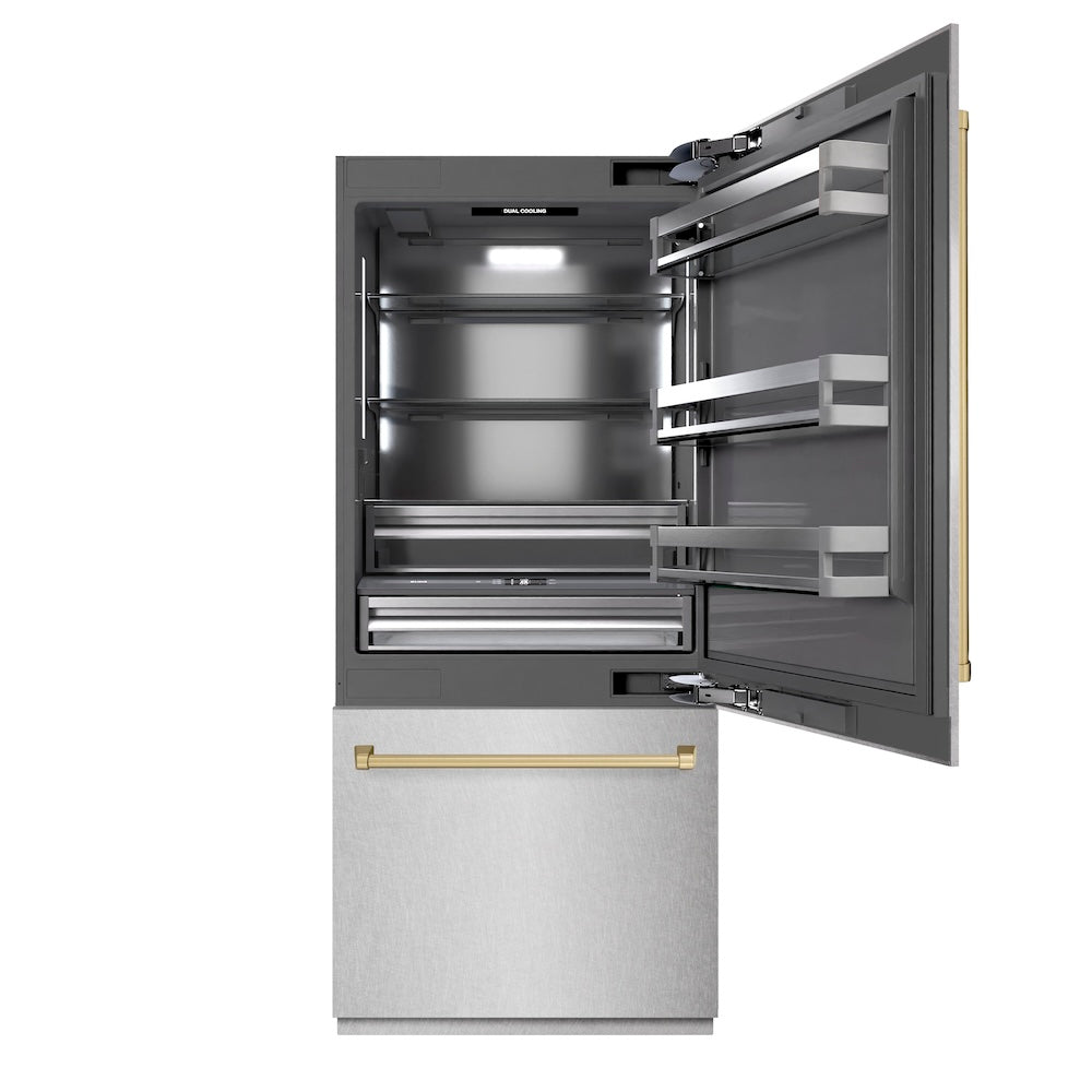 ZLINE Autograph Edition 36-inch refrigerator in satin stainless steel with graphite gray interior and champagne bronze accents GRBITZ-SN-36-CB