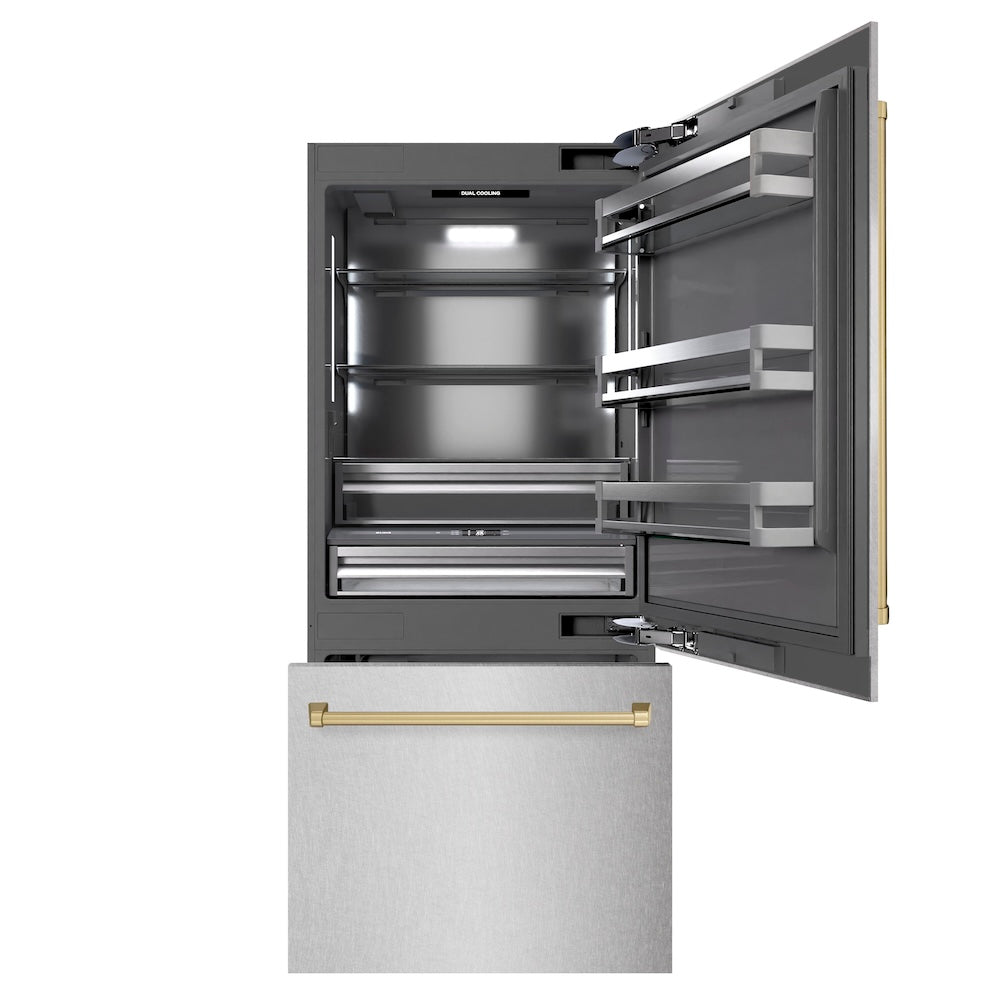 ZLINE Autograph Edition 36-inch refrigerator in satin stainless steel with graphite gray interior and champagne bronze accents GRBITZ-SN-36-CB, front view