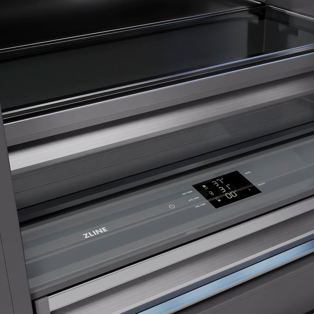 ZLINE Autograph Edition 36-inch refrigerator in satin stainless steel with graphite gray interior and polished gold accents GRBITZ-SN-36-G, detail