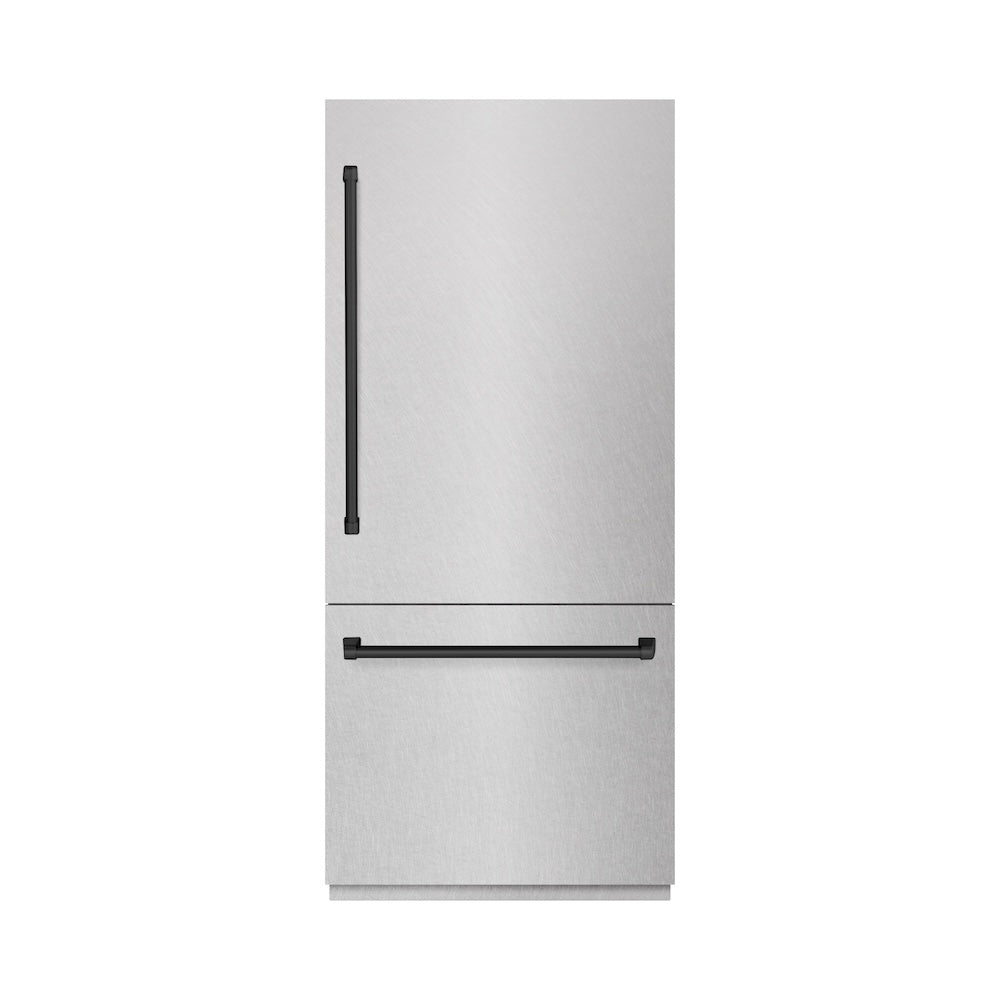 ZLINE Autograph Edition 36-inch refrigerator in satin stainless steel with graphite gray interior and matte black accents GRBITZ-SN-36-MB, front view