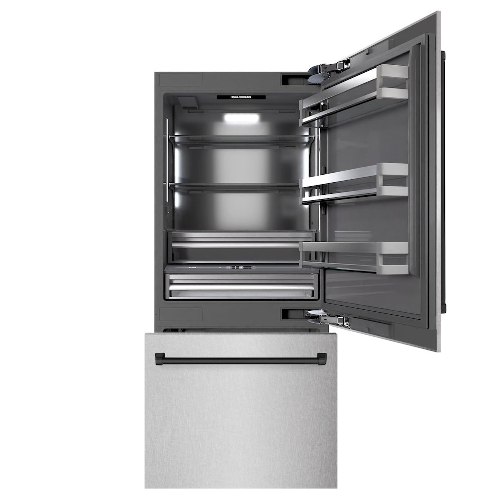 ZLINE Autograph Edition 36-inch refrigerator in satin stainless steel with graphite gray interior and matte black accents GRBITZ-SN-36-MB, front view