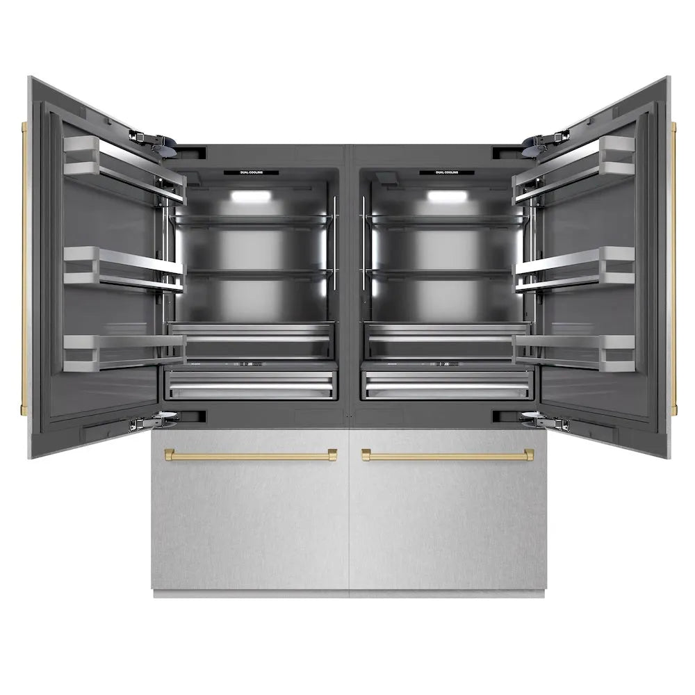 ZLINE Autograph Edition 72-inch refrigerator in satin stainless steel with graphite gray interior and champagne bronze accents GRBITZ-SN-72-CB