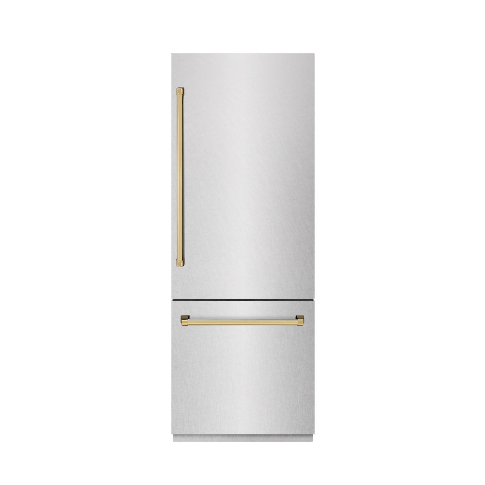 ZLINE Autograph Edition 30-inch refrigerator in satin stainless steel with graphite gray interior and polished gold accents GRBIVZ-SN-30-G, front view