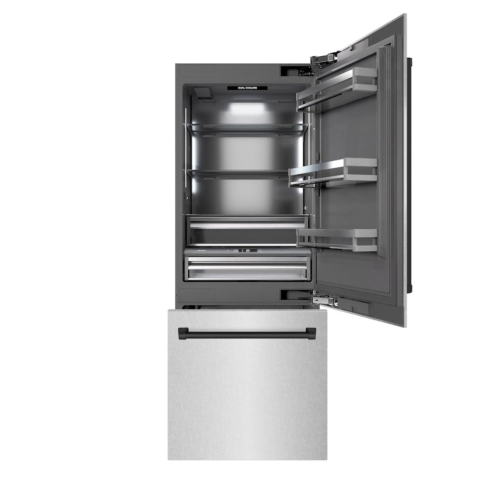 ZLINE Autograph Edition 30-inch refrigerator in satin stainless steel with graphite gray interior and matte black accents GRBIVZ-SN-30-MB