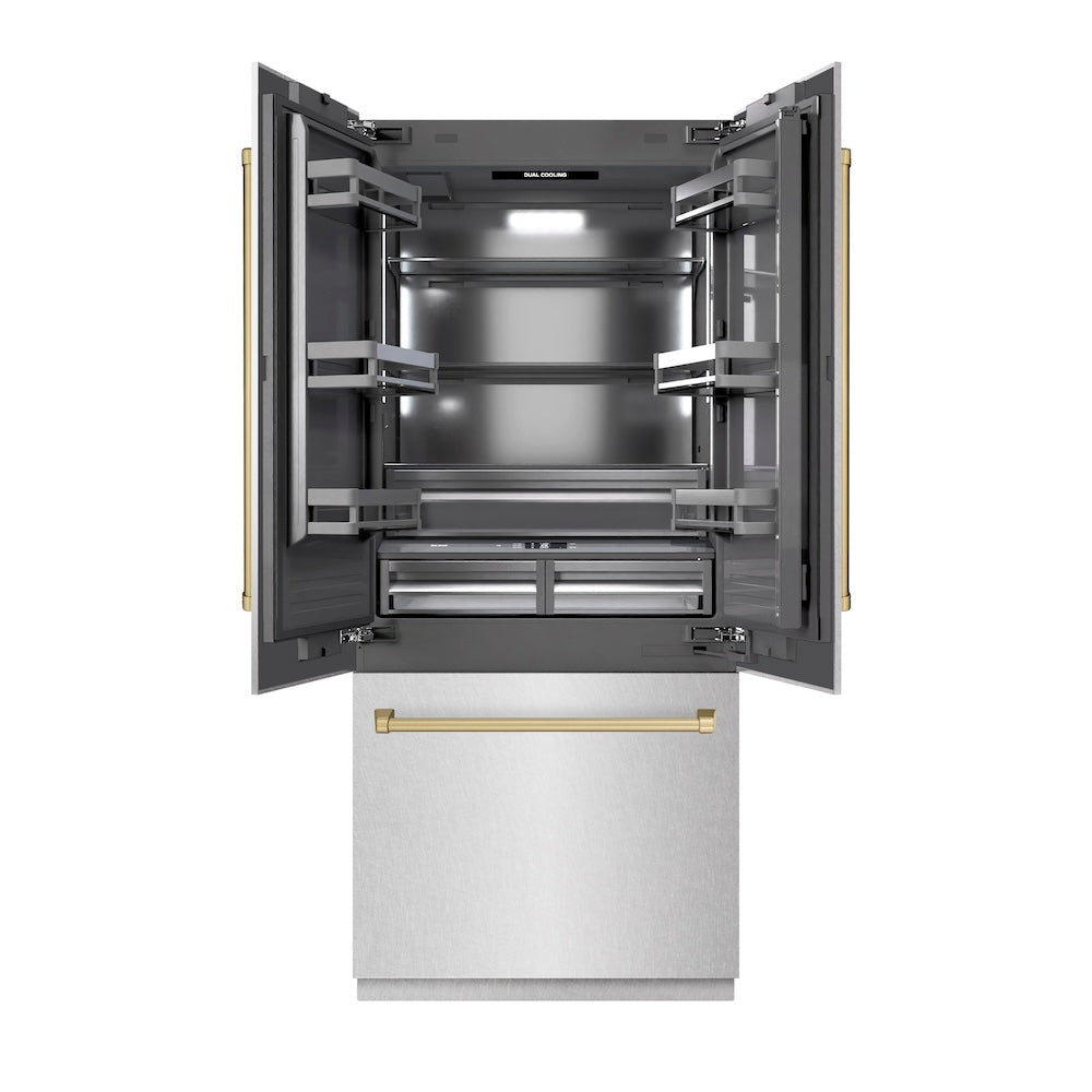 ZLINE Autograph Edition 36-inch refrigerator in satin stainless steel with graphite gray interior and champagne bronze accents GRBIVZ-SN-36-CB, front view