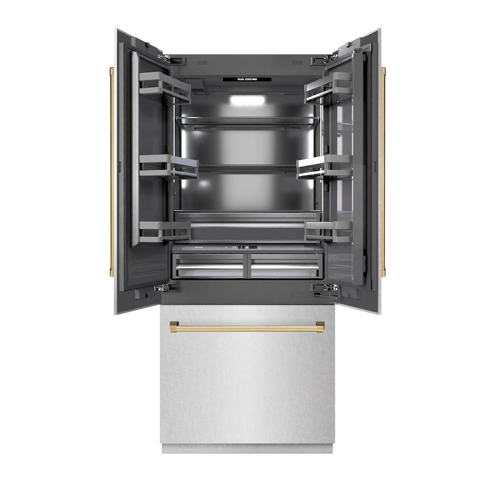 ZLINE Autograph Edition 36-inch refrigerator in satin stainless steel with graphite gray interior and polished gold accents GRBIVZ-SN-36-G, front view