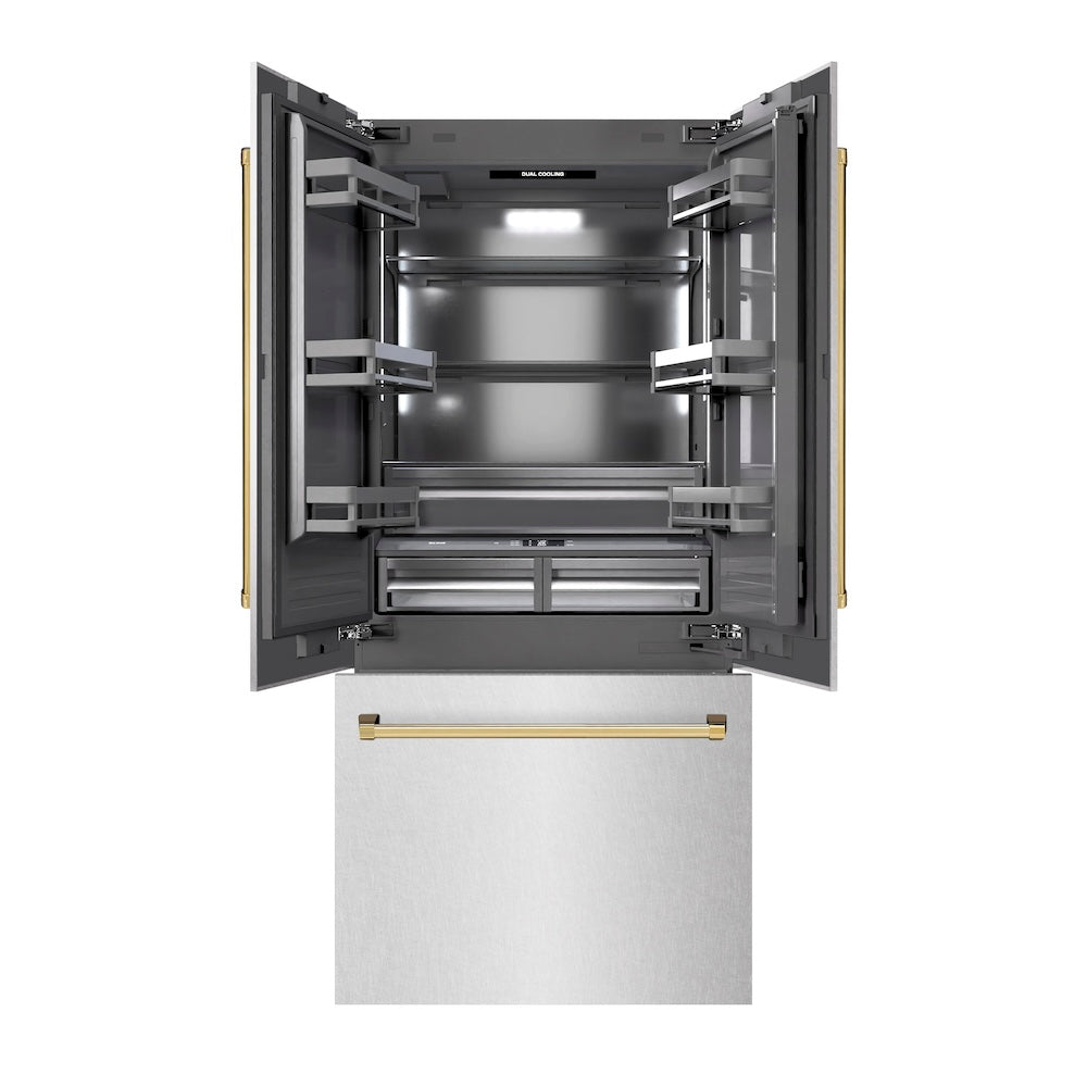 ZLINE Autograph Edition 36-inch refrigerator in satin stainless steel with graphite gray interior and polished gold accents GRBIVZ-SN-36-G