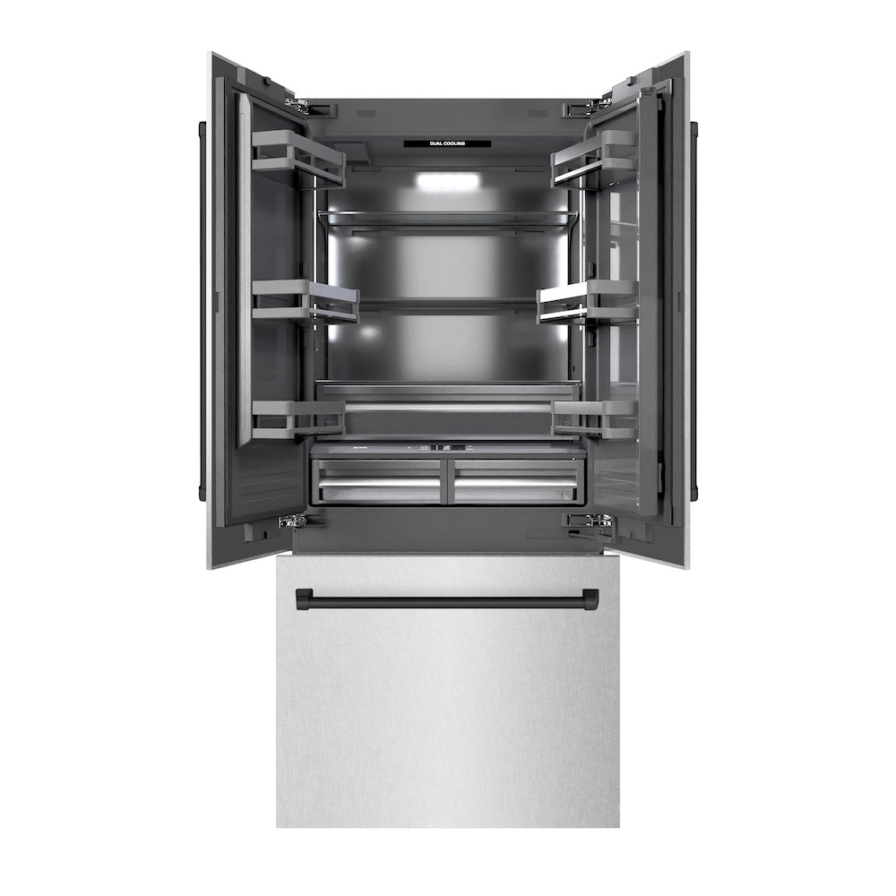 ZLINE Autograph Edition 36-inch refrigerator in satin stainless steel with graphite gray interior and matte black accents GRBIVZ-SN-36-MB