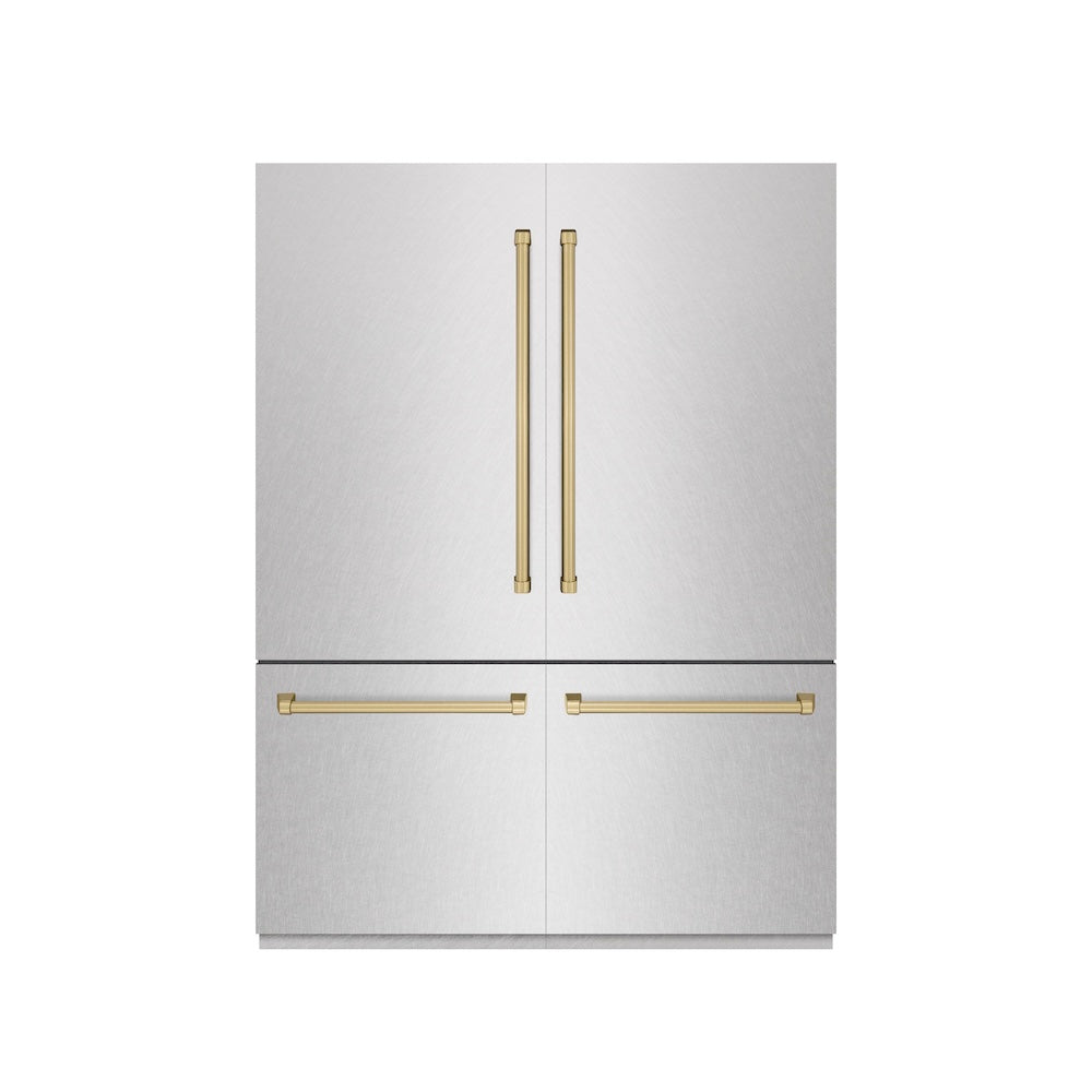 ZLINE Autograph Edition 60-inch refrigerator in satin stainless steel with graphite gray interior and champagne bronze accents GRBIVZ-SN-60-CB, front view
