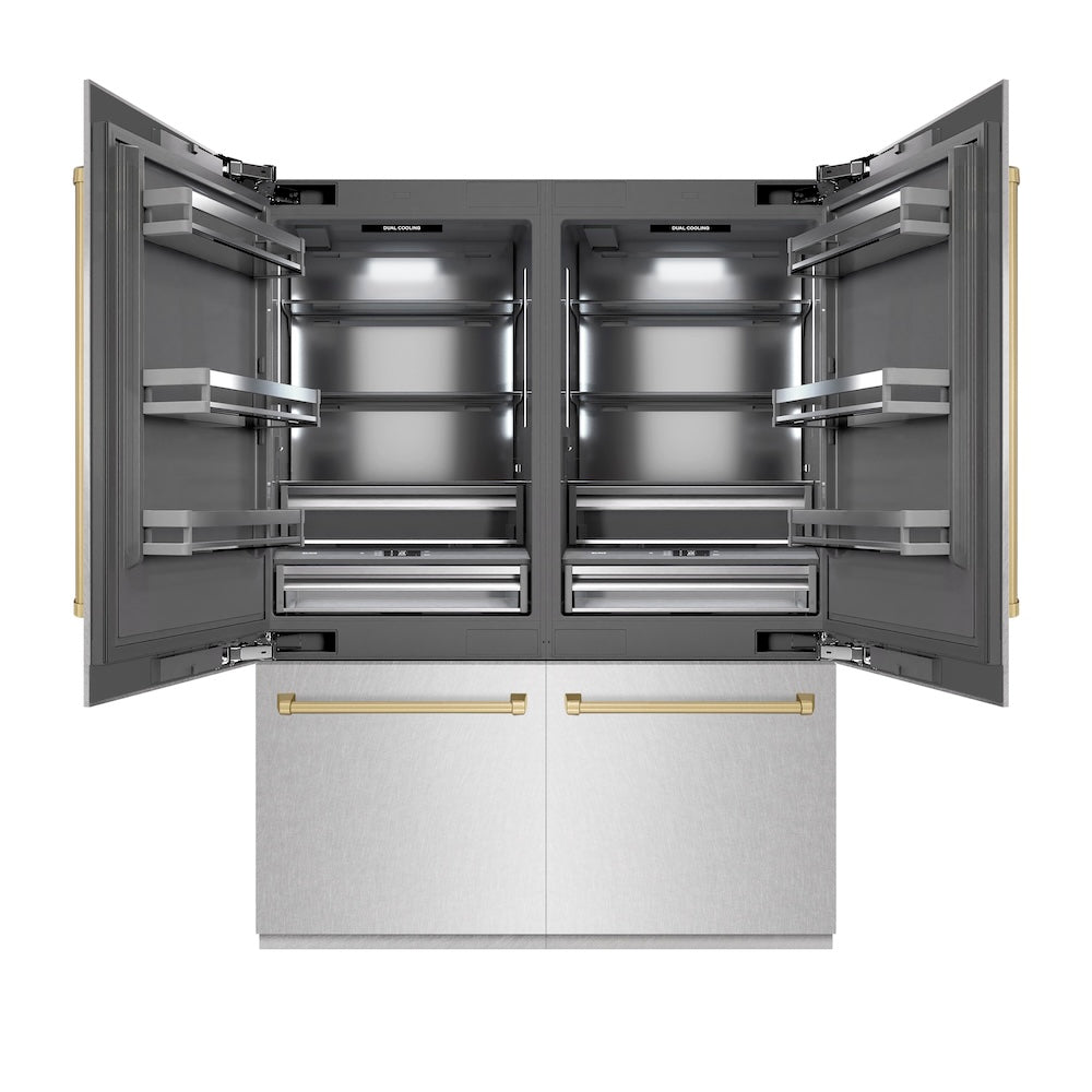ZLINE Autograph Edition 60-inch refrigerator in satin stainless steel with graphite gray interior and champagne bronze accents GRBIVZ-SN-60-CB, front view