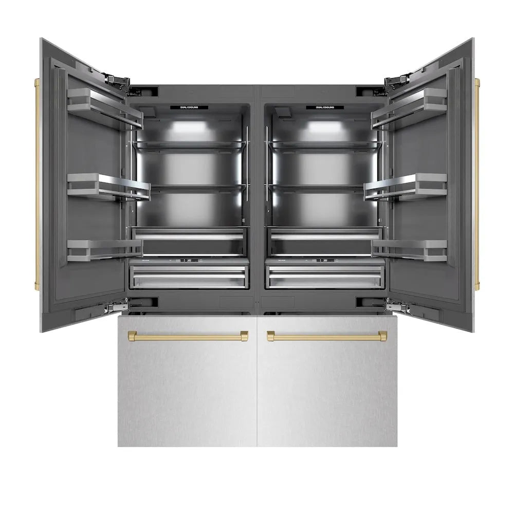 ZLINE Autograph Edition 60-inch refrigerator in satin stainless steel with graphite gray interior and champagne bronze accents GRBIVZ-SN-60-CB