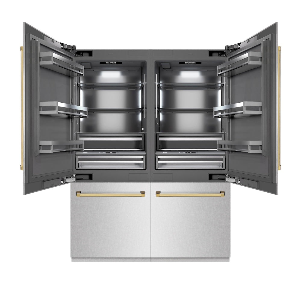ZLINE Autograph Edition 60-inch refrigerator in satin stainless steel with graphite gray interior and polished gold accents GRBIVZ-SN-60-G, front view