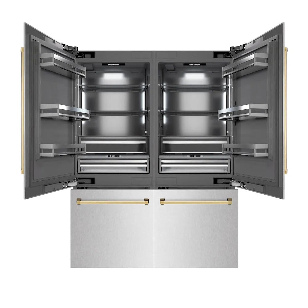 ZLINE Autograph Edition 60-inch refrigerator in satin stainless steel with graphite gray interior and polished gold accents GRBIVZ-SN-60-G