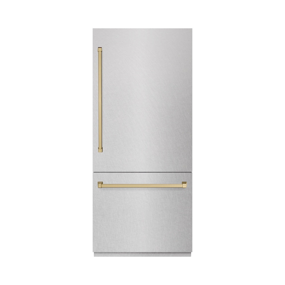 ZLINE Autograph Edition 36-inch refrigerator in satin stainless steel with bright white interior and champagne bronze accents RBITZ-SN-36-CB