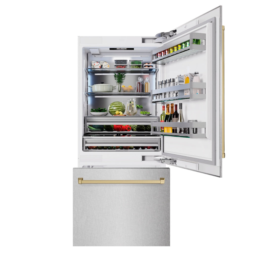 ZLINE Autograph Edition 36-inch refrigerator in satin stainless steel with bright white interior and champagne bronze accents RBITZ-SN-36-CB, front view