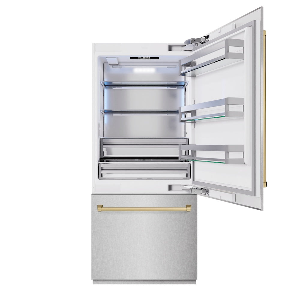 ZLINE Autograph Edition 36-inch refrigerator in satin stainless steel with bright white interior and champagne bronze accents RBITZ-SN-36-CB, front view