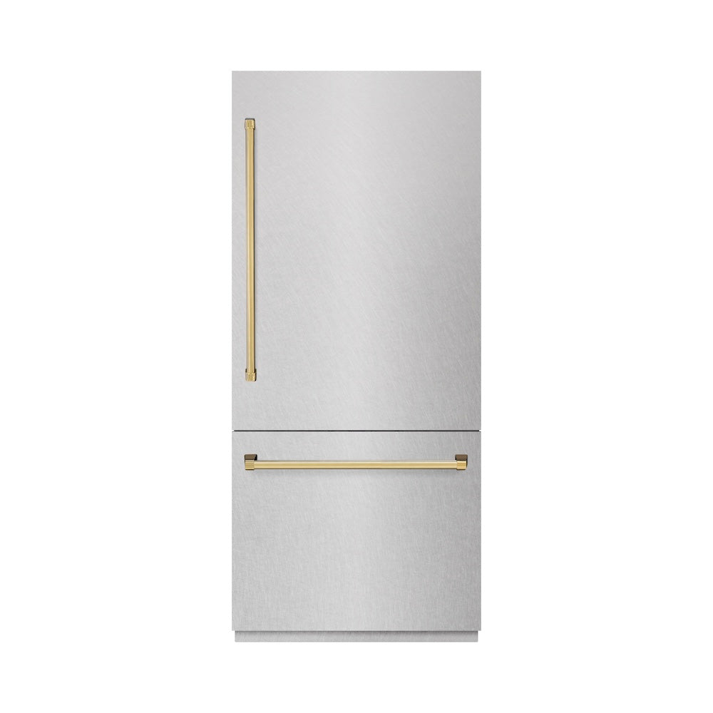 ZLINE Autograph Edition 36-inch refrigerator in satin stainless steel with bright white interior and polished gold accents RBITZ-SN-36-G