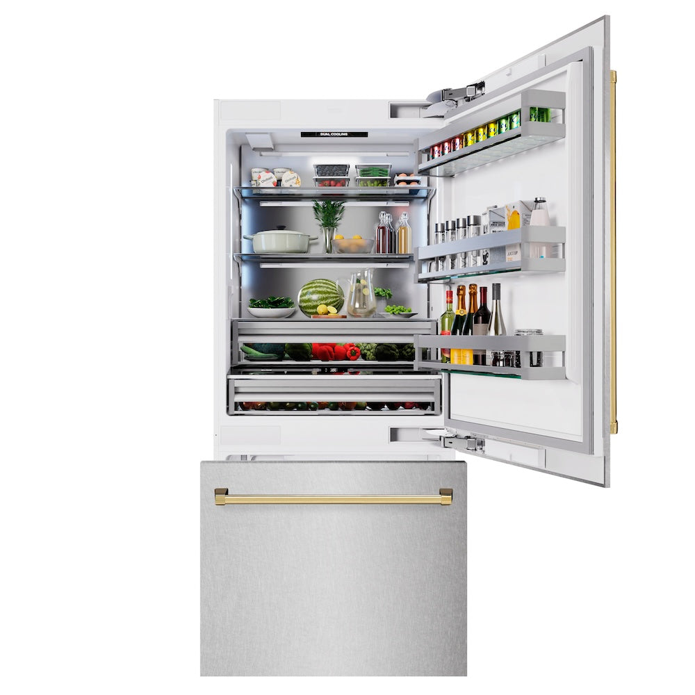 ZLINE Autograph Edition 36-inch refrigerator in satin stainless steel with bright white interior and polished gold accents RBITZ-SN-36-G, front view