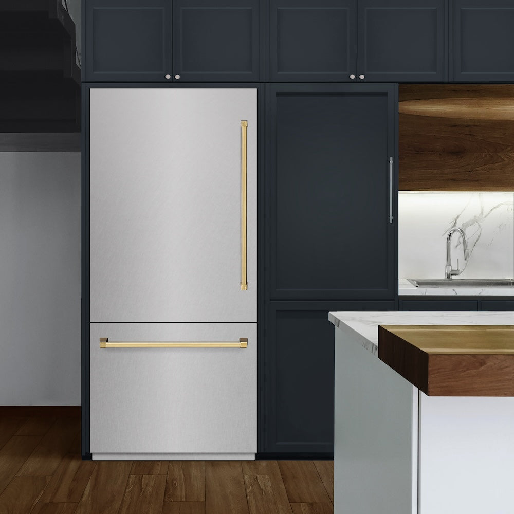 ZLINE Autograph Edition 36-inch refrigerator in satin stainless steel with bright white interior and polished gold accents RBITZ-SN-36-G, view 2