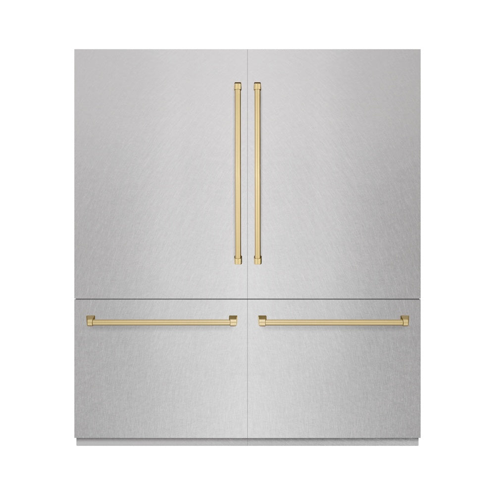 ZLINE Autograph Edition 72-inch refrigerator in satin stainless steel with bright white interior and champagne bronze accents RBITZ-SN-72-CB