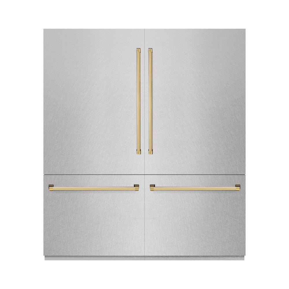 ZLINE Autograph Edition 72-inch refrigerator in satin stainless steel with bright white interior and polished gold accents RBITZ-SN-72-G