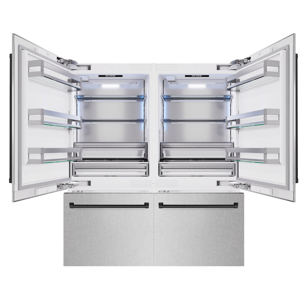 ZLINE Autograph Edition 72-inch refrigerator in satin stainless steel with bright white interior and matte black accents RBITZ-SN-72-MB, front view