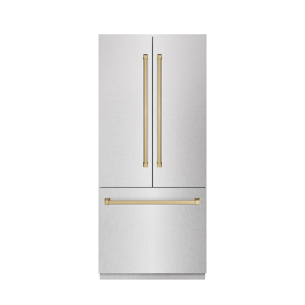 ZLINE Autograph Edition 36-inch refrigerator in satin stainless steel with stainless steel interior and champagne bronze accents SRBIVZ-SN-36-CB, front view