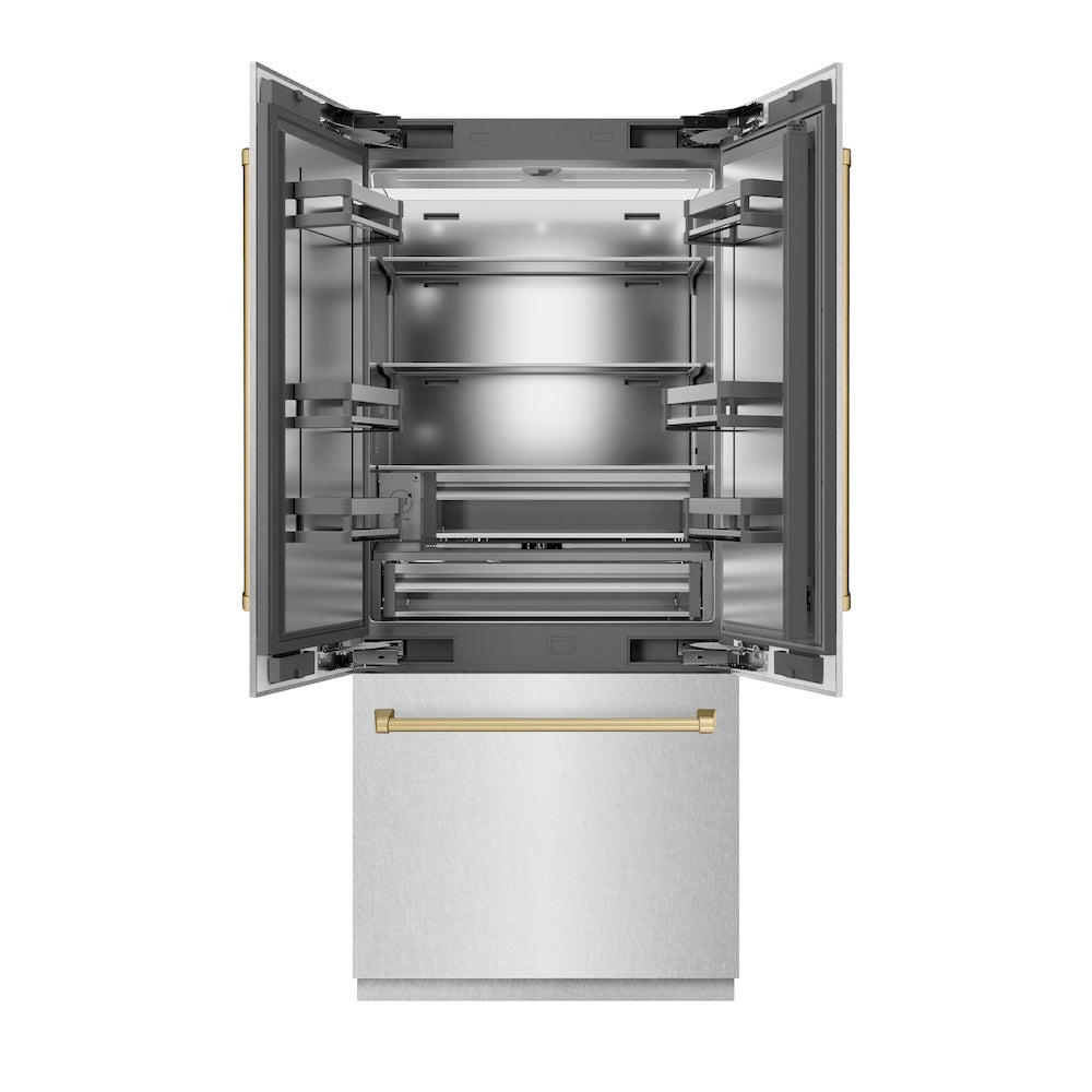 ZLINE Autograph Edition 36-inch refrigerator in satin stainless steel with stainless steel interior and champagne bronze accents SRBIVZ-SN-36-CB