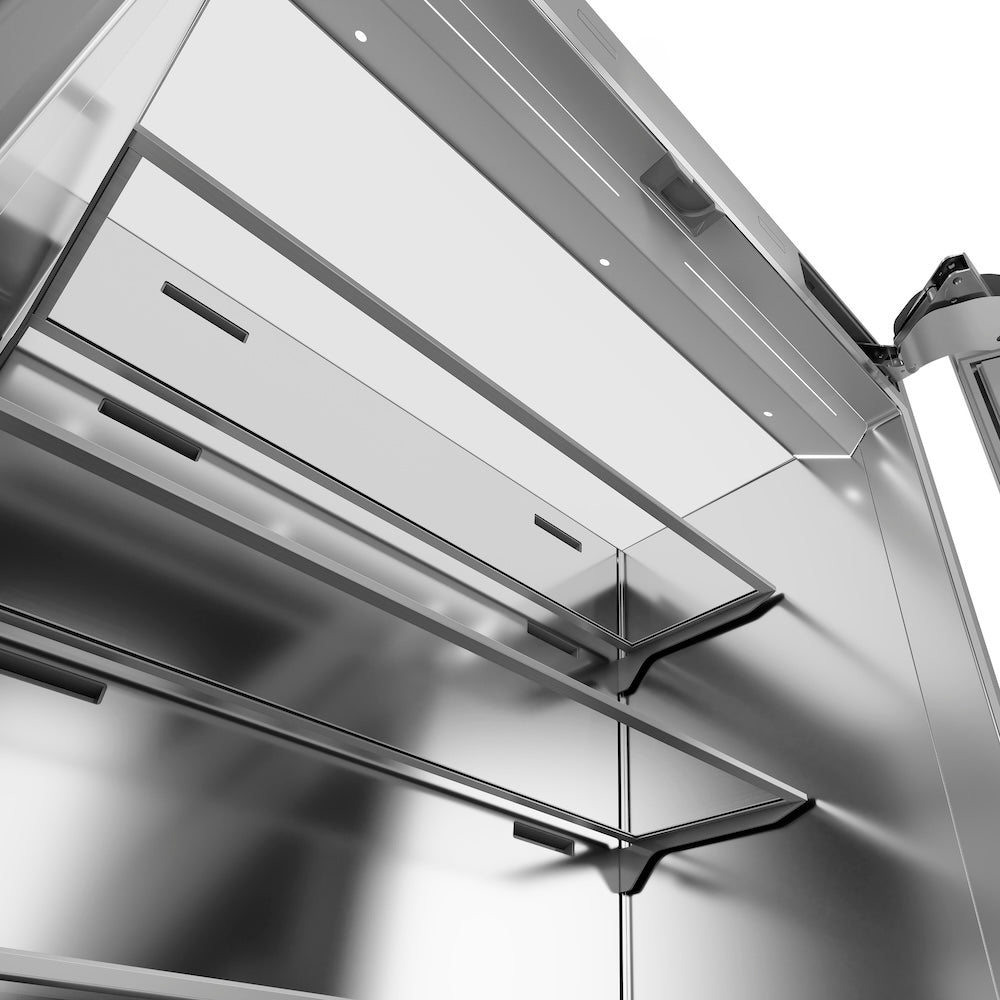ZLINE Autograph Edition 36-inch refrigerator in satin stainless steel with stainless steel interior and polished gold accents SRBIVZ-SN-36-G, detail