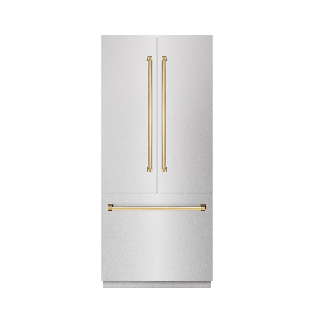 ZLINE Autograph Edition 36-inch refrigerator in satin stainless steel with stainless steel interior and polished gold accents SRBIVZ-SN-36-G, front view