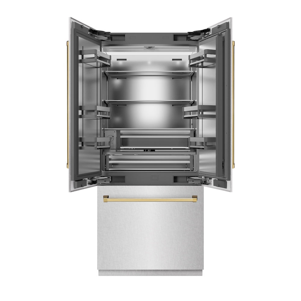 ZLINE Autograph Edition 36-inch refrigerator in satin stainless steel with stainless steel interior and polished gold accents SRBIVZ-SN-36-G