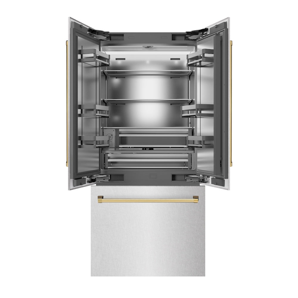 ZLINE Autograph Edition 36-inch refrigerator in satin stainless steel with stainless steel interior and polished gold accents SRBIVZ-SN-36-G, front view
