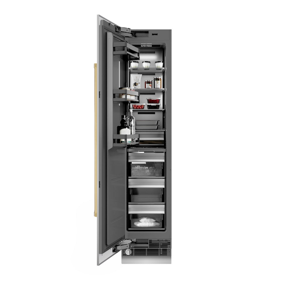 ZLINE Autograph Edition 18-inch freezer in stainless steel with graphite gray interior and polished gold accents RCFVLZ-30418-G, front view