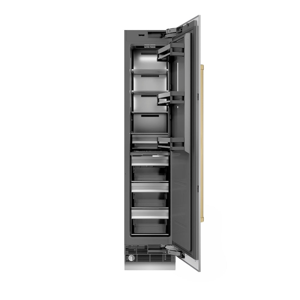 ZLINE Autograph Edition 18-inch freezer in stainless steel with graphite gray interior and champagne bronze accents RCFVRZ-30418-CB