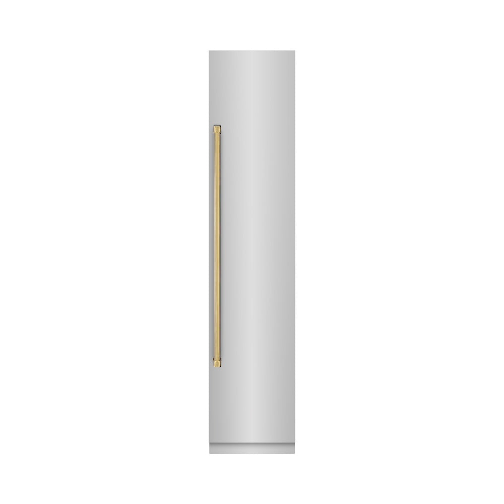 ZLINE Autograph Edition 18-inch freezer in stainless steel with graphite gray interior and polished gold accents RCFVRZ-30418-G, front view