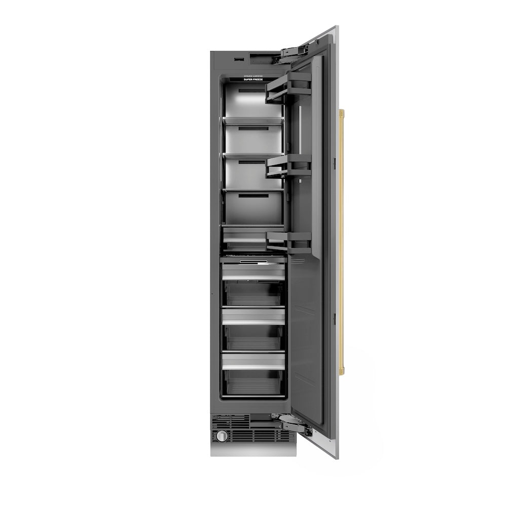 ZLINE Autograph Edition 18-inch freezer in stainless steel with graphite gray interior and polished gold accents RCFVRZ-30418-G